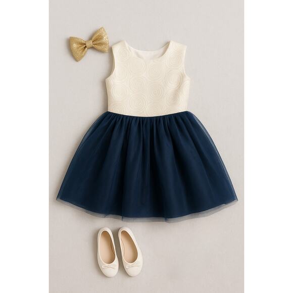 Dorissa Ivory & Navy Blue Gold Shimmer Rosette Dress Tulle Skirt | Girls Size 7 - Picture 2 of 9